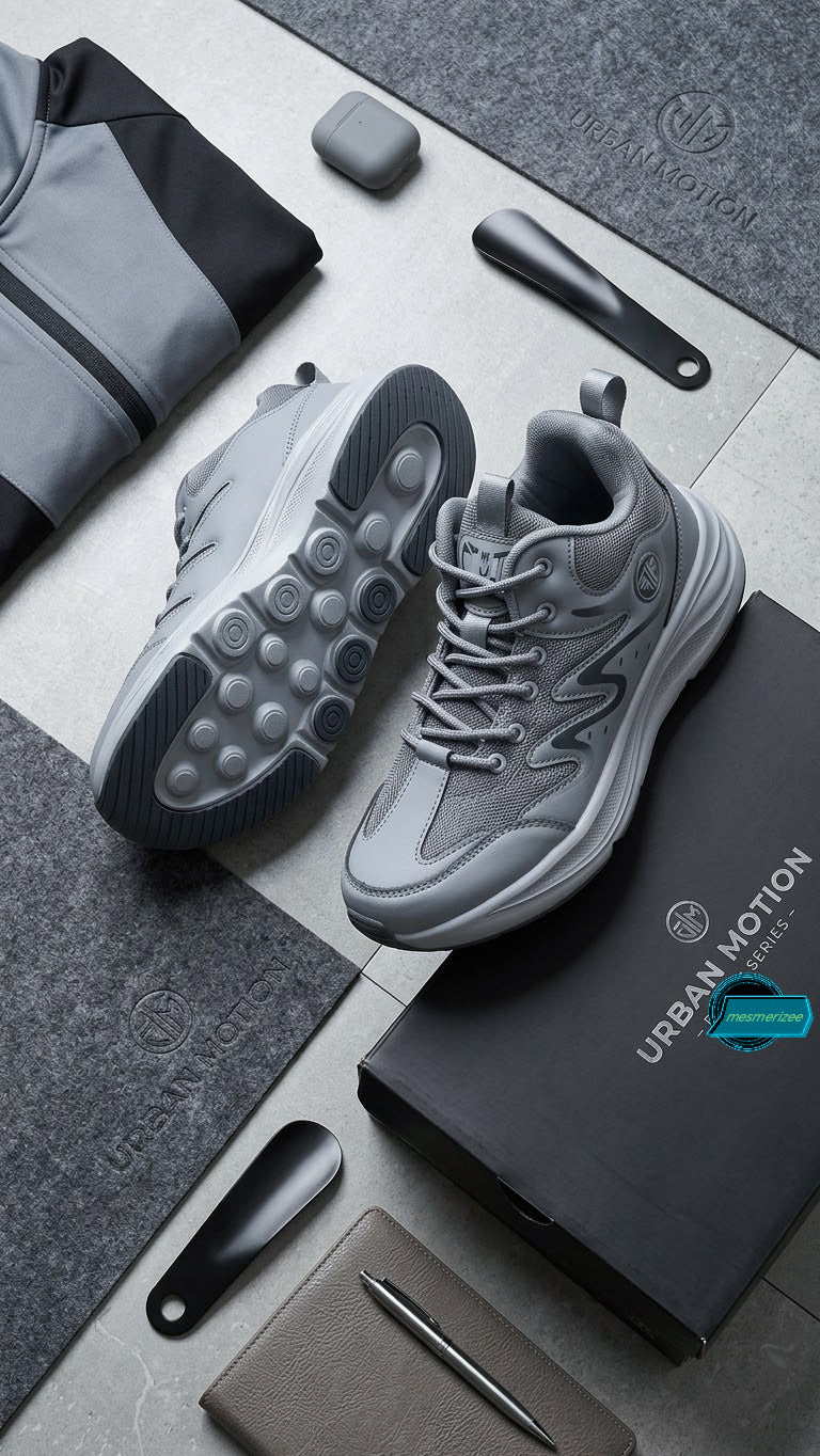 Grey Mesmerizee premium running mesh sneakers for men with comfortable soles.