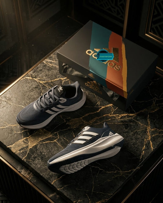 Grey Mesmerizee premium running mesh sneakers for men on a marble surface.