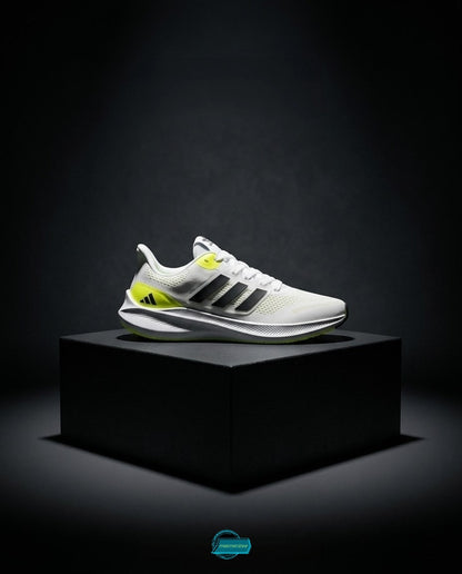 Mesmerizee white premium running mesh sneakers for men with black stripes and yellow accents.