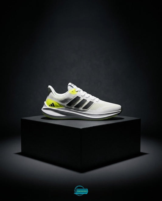 Mesmerizee white premium running mesh sneakers for men with black stripes and yellow accents.
